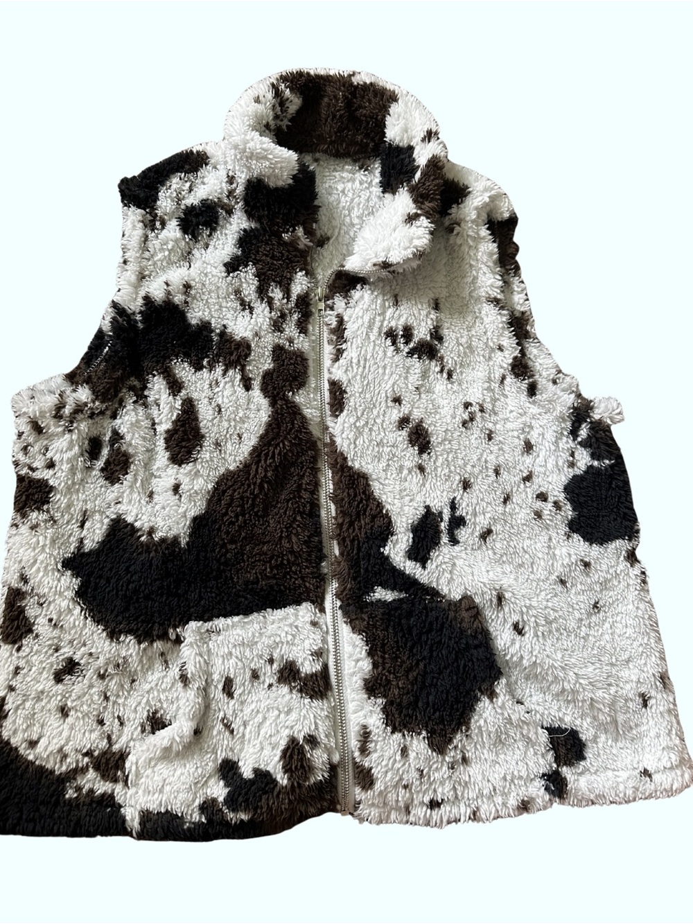 Sherpa Zip-Front Vest in White and Brown Cow Print